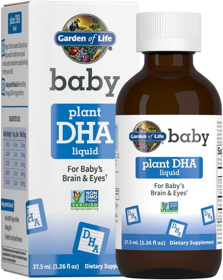 Vrt življenja Baby DHA Kapljice, 600mg Omega 3 DHA Vegan za otrokove možgane in oči iz vegetarijanskih prijaznih rastlin na osnovi virov (brez ribjega olja) za dojenčke in malčke, 37,5 ml (1,26 fl oz) Tekoči