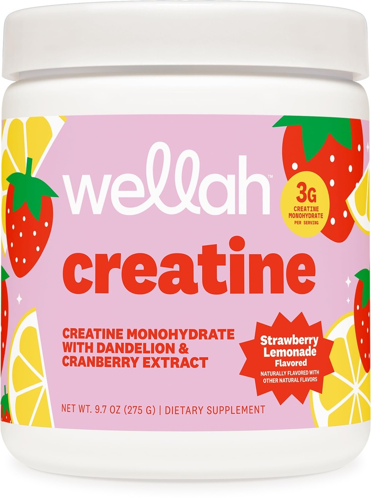 Wellah Kreatin za ženske - Kreatin monohidrat z Dandelion & Cranberry Extract (50 serviranja, jagodna limonada)