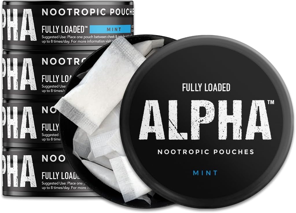 Polno naložene Alpha nootropične vrečke (Mint) - 5 pločevink - 15 vrečk na pločevinko - učinkovita nootropna dostava, zamenjava Nic Pouch - hitrejša absorpcija, Alfa GPC, L-tirozin, GABA