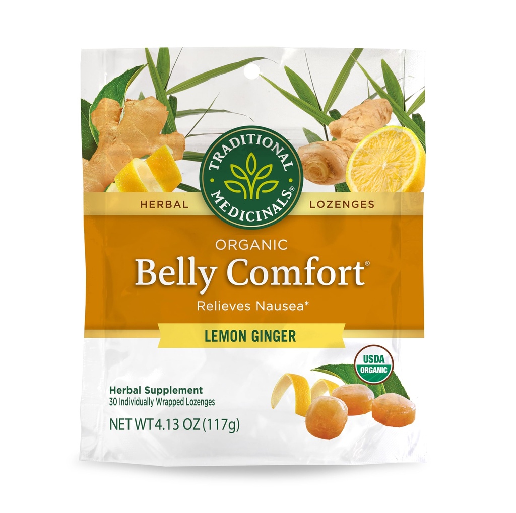 Tradicionalna zdravila, organski Belly Comfort Lozenges Lemon Ginger, Olajša slabost, 30 Posamezno zaviti Lozenges