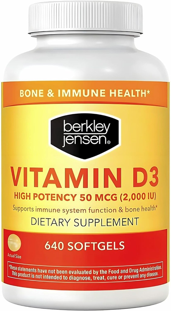 Berkley Jensen High Potency Vitamin D3 2000IU (50 μg) (640 Softgels), prehranska dopolnila za zobe, mišice, imunske funkcije in zdravje kosti, za moške in ženske, Made in USA, 640 Day Supply
