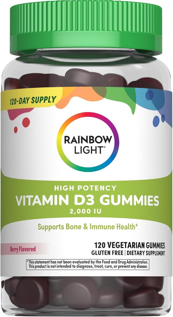 Mavrična svetloba Vitamin D Gumies, Visoka moč Vitamin D3 2.000IU Imunska zdravstvena podpora, pomaga podporo močne kosti & zob, Gluten brezplačno, Vegan, Berry, 120 Gummies