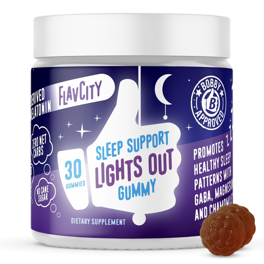 FlavCity Melatonin Sleep Gummies za odrasle, Luči ven Gummy - Žvečljiva podpora za spanje dodatek z rastlinsko-bazna GABA, Magnezij & Kamilica za globoko in mirno spanje, 30-dnevno oskrbo