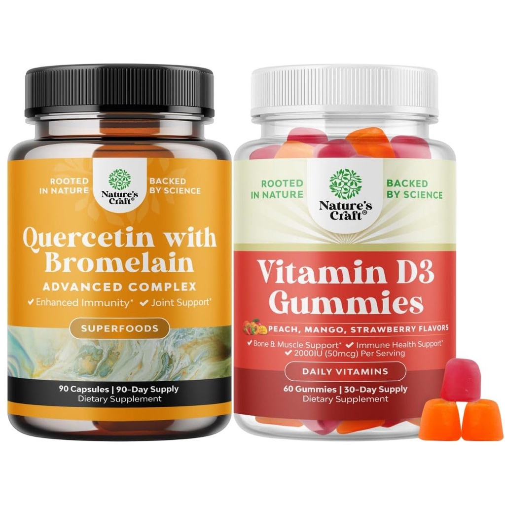 Bundle of Pure Quercetin with Bromelain Supplement + 500mg Capsules for Immune Support & Breathing and Vitamin D3 Gummies for Daily Wellness with 2000IU per Serving for Bone & Muscle Support