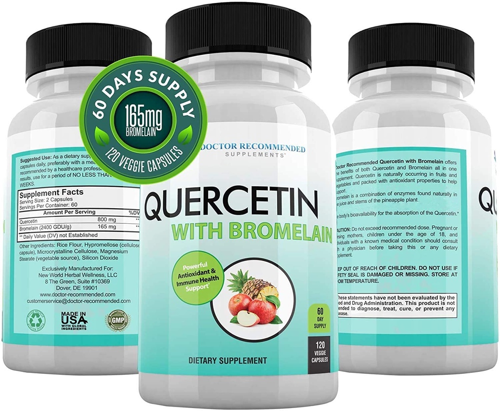 DOCTOR PRIPOROČENI DOPOLNILNIKI Quercetin 800mg w/Bromelain 165mg na serviranje- 120 Veggie kapsule-Celo 60 dan dobava, vitamin dopolnilo za podporo in bioflavonoidi, Gluten brez, ne-GMO