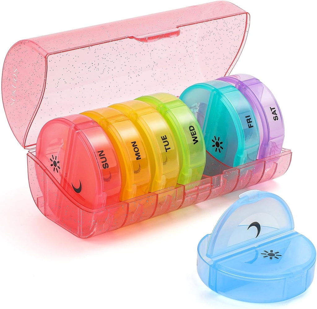 Sukuos velike tedenske tablete Organizator 2 krat na dan, Daily Pill Box 7 dan Enostaven za odprtje z dvojno zaščito, AM PM tablete Primer za medicino/vitamin/ribje olje/dodatek (Glitter Pink)
