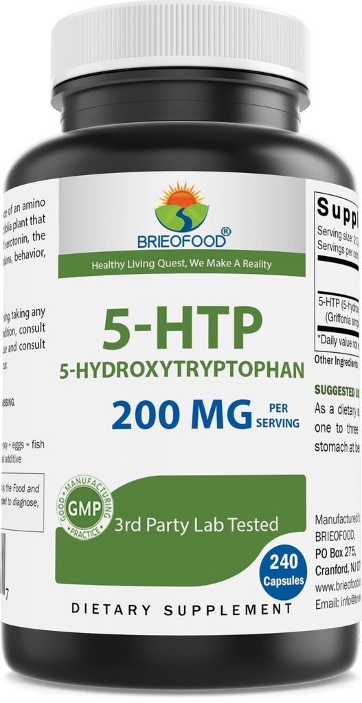 Brieofood 5-HTP 200 mg na serviranje - 240 kapsul - 5-Hidroksitriptofan za zdravo sprostitev - 3. partijski laboratorij Tested