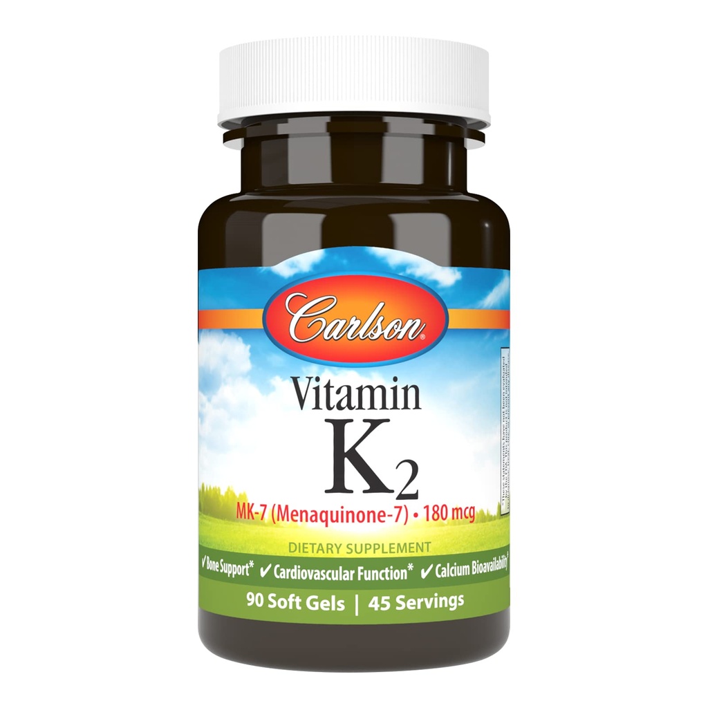 Carlson - Vitamin K2 MK-7 (Menakinon), 180 μg, podpora za kosti, biorazpoložljivost kalcija, K2 Vitamin, Vitamin K-2, 90 Softgels