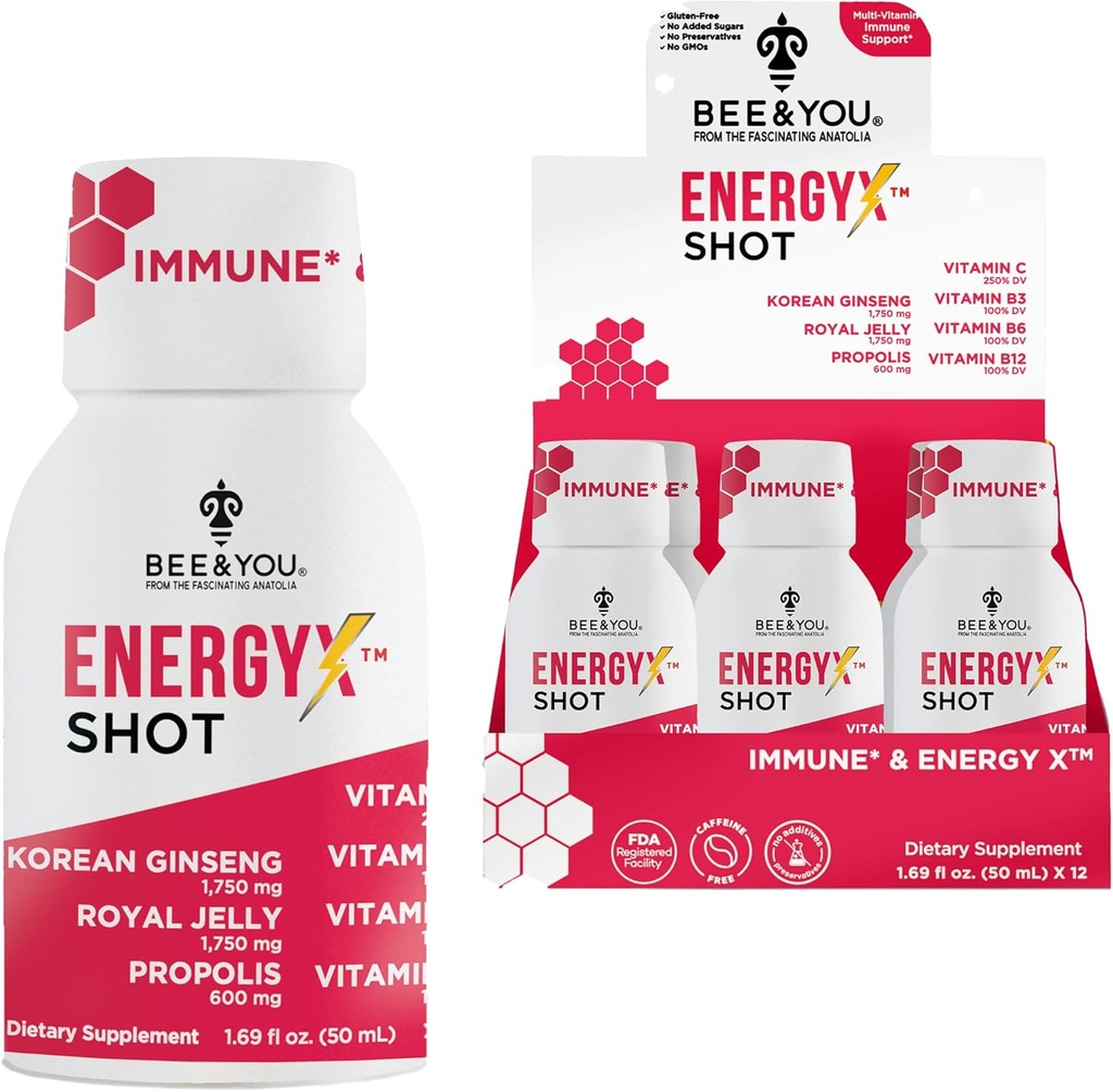 Čebela in vi Energy X Shot, 12 Pack, Korea Red Ginseng, Royal Jelly, Propolis, Kofein brez energijske pijače, Vitamin C, B3, B6, B12, Imunska podpora, Antioksidanti, Granatna aroma