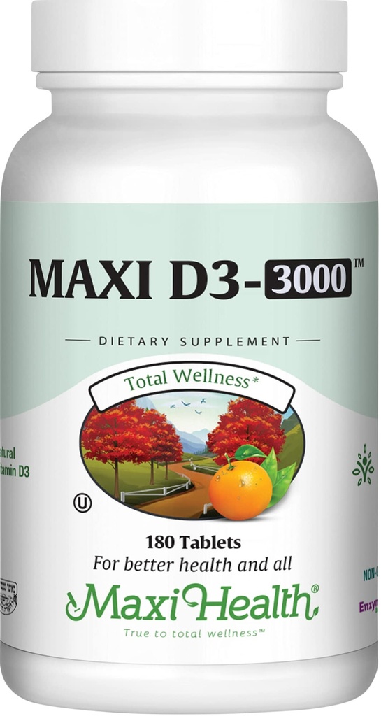 Maxi Health Vitamin D3 3000 i.e. 75 mcg Vitamin D dodatek za zdrave kosti, zobje, Imunska podpora - VIT D3 dodatek Enostavno za pogoltniti ne-GMO, dodatek za moške in ženske – Košir (180 tablet)
