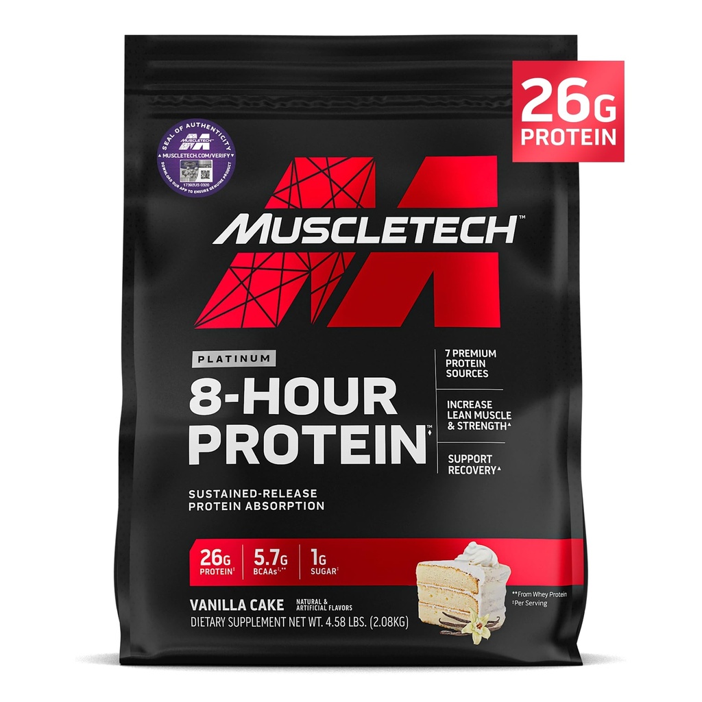 MuscleTech Platinum 8-Hour Protein Powder - 7 Premium Protein Sources with Whey & Casein Protein for Ranger Lean Muscle, Jakost in izboljšano okrevanje - Vanilla Cake, 50 Serving