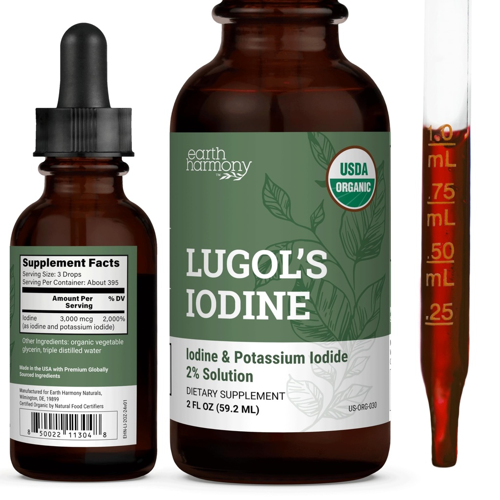Organski lugolov jod, jod in kalijev jodid 2% raztopina 3000 mcg - tekoči dodatki kapljice za podporo ščitnici za ženske in moške, presnova zdravje, detox Boost - Non-GMO, 395 strežnice (2 Oz)