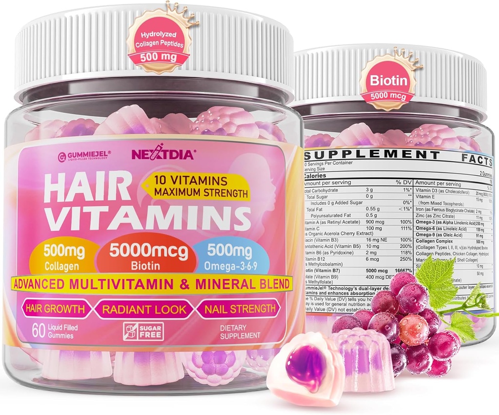 Vitamini za rast las Tekoči gumiji - Biotin 5000mcg, hidrolizirani kolagen peptidi, Omega 3-6-9, hialuronska kislina, metilfolat, metilkobalamin - Zdravi lasje, kože in nohti Dopolnilo za ženske