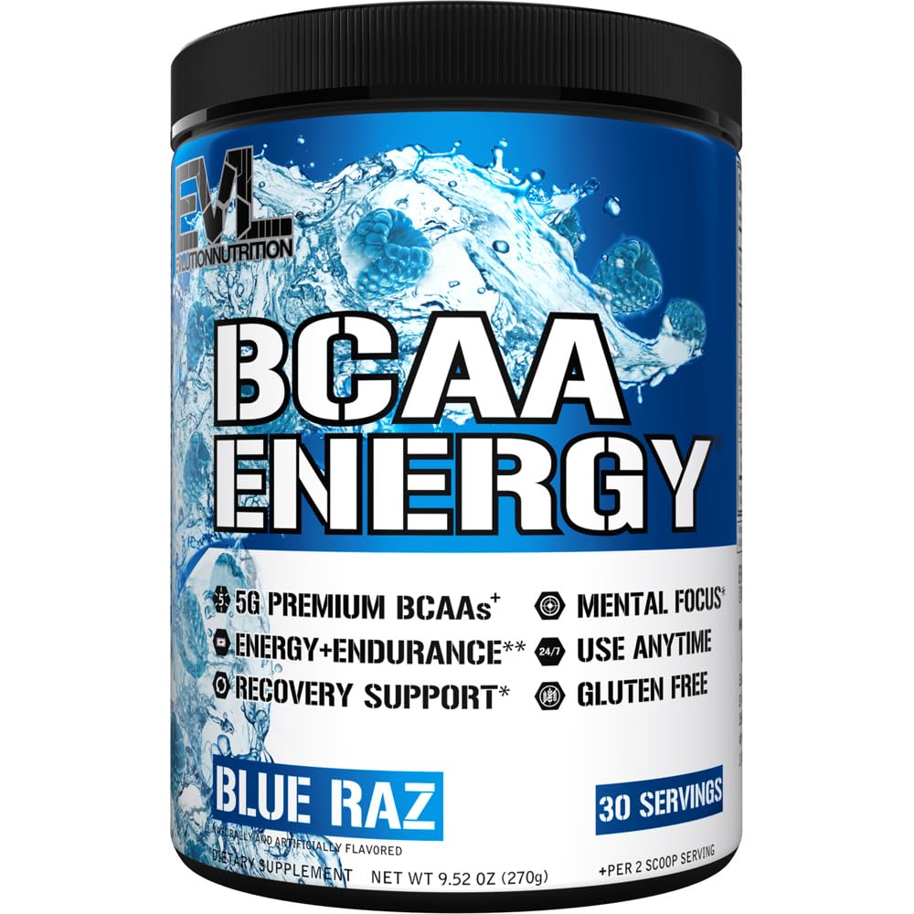EVL BCAA-ji Aminokisline v prahu - BCAA Energija Pred vadbo Prašek za obnovo mišic Lean rast in vzdržljivost - Rehidracija post vadbe Recovery pijača z naravnim kofeinom - Blue Raz