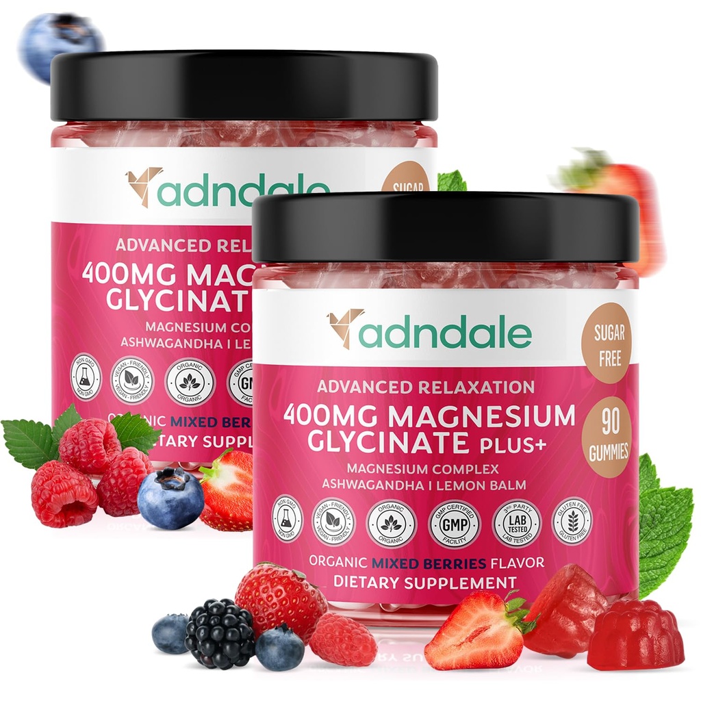 Adndale 180 CT Magnezijev Glycinate Gumies 400 mg/Serv, z Ashwagandha, Magnezijev Malate & Taurate, Sugar Free Chews za odrasle in otroke.