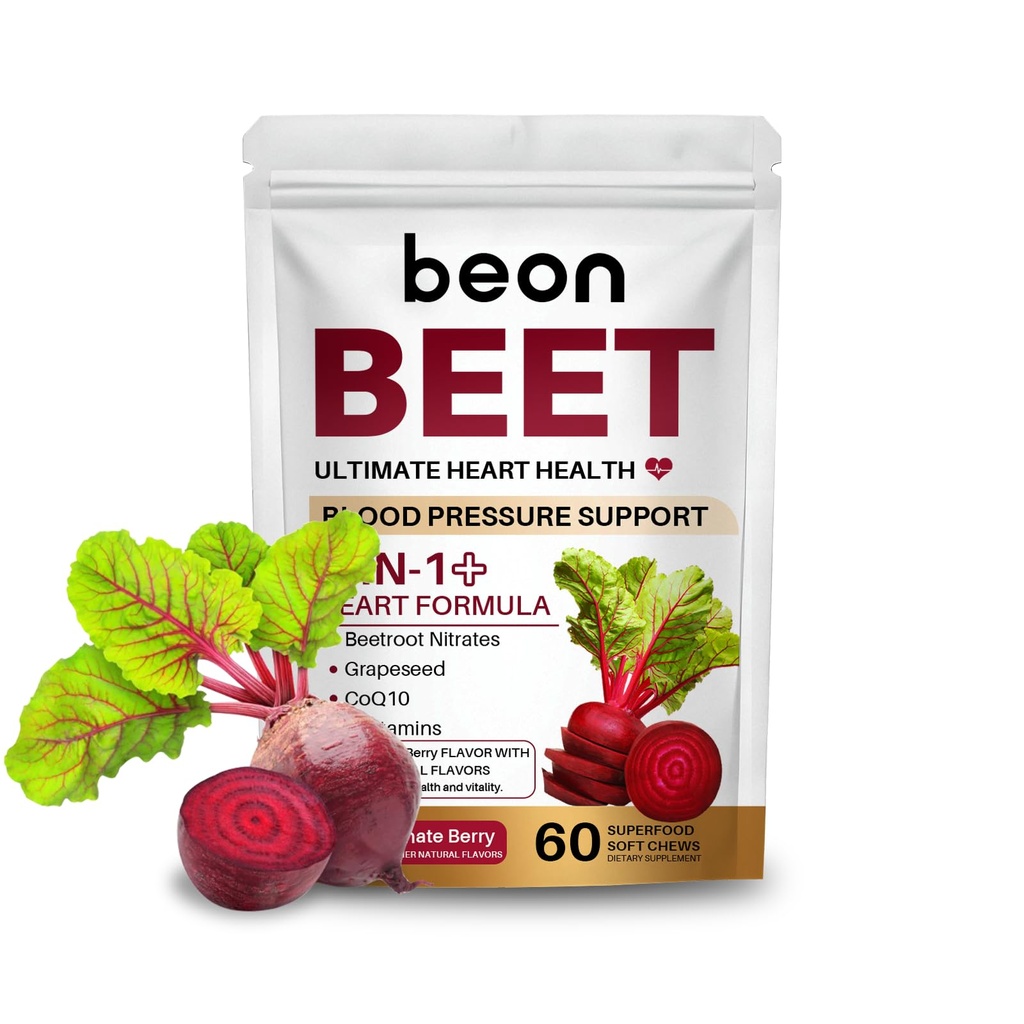 Beon Beet Root Chews Supplement with 500mg Beetroot, CoQ10 & Grape Seed Extract, Supports Circulation & Natural Energy, Pomegranate Berry Flavor, 60 Chews