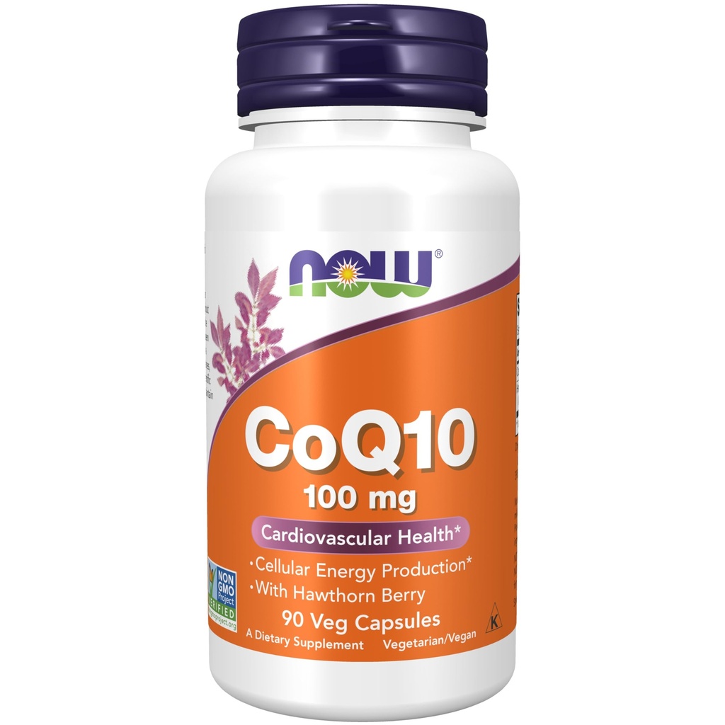 NOW Foods Supplements, CoQ10 100 mg z Hawthorn Berry, farmacevtska stopnja, All-Trans Form, ki ga proizvaja Fermentation, 90 Veg kapsule