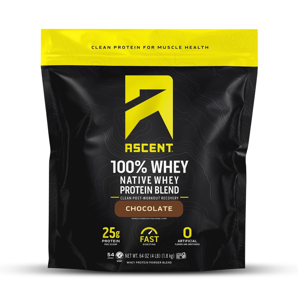Ascent 100% Whey Protein Powder - Post Workout Whey Protein Isolate, Zero Artificial Flavors & Sweeteners, Soy & Gluten Free, 5.5g BCAA, 2.6g Leucine, Essential Amino Acids, Chocolate 4 lb