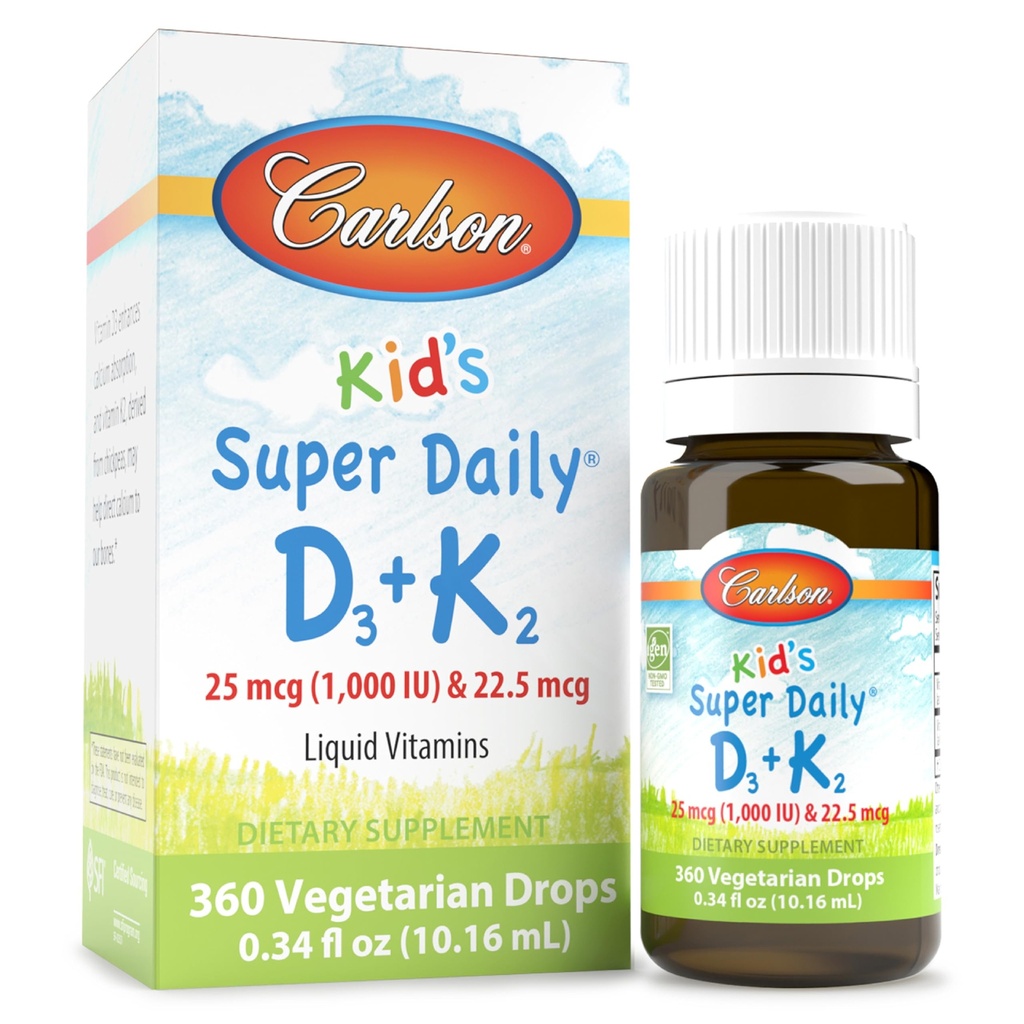 Carlson - otroški super dnevni D3+K2, 25 μg (1.000 i.e.) D3 & 22, 5 μg K2, kapljice vitamina D z vitaminom K2, tekoči vitamini, 1000 i.e. vitamin D3, zdravje srca in kosti, 1-letna zaloga, nearomatizirana, 360 kapljic