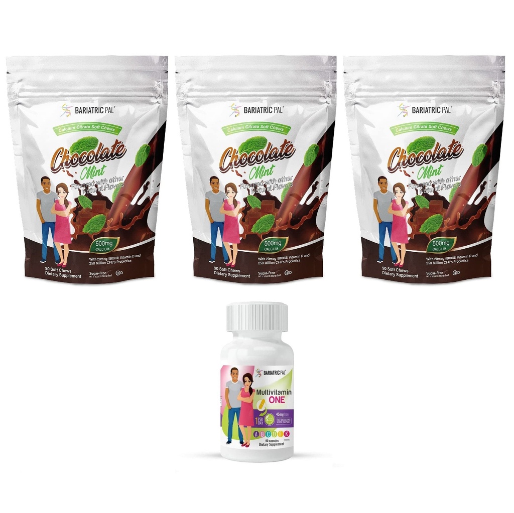 BariatricPal 90-dnevni bariatrični vitamin Bundle (Multivitamin ONE 1 na dan! Kapsula s 45 mg železovega in kalcijevega citrata Soft Chews 500mg s probiotiki - čokoladno meto)
