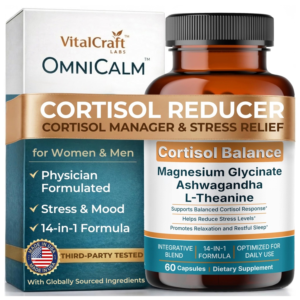 OmniCalm Cortisol Supplements for Women & Men | Cortisol Reducer & Manager with Sensoril Ashwagandha, Suntheanine L-Theanine, Magnesium Glycinate | Physician-Formulated 14-in-1 Stress Relief - USA