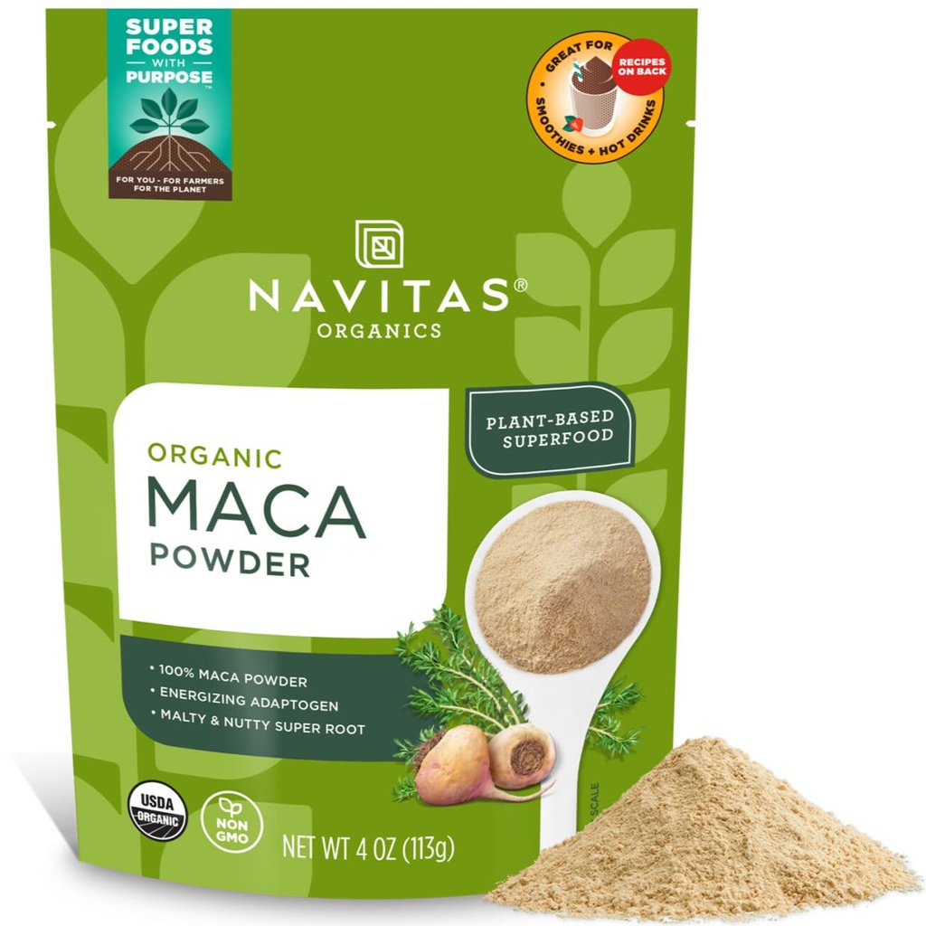 Navitas Organics Maca Powder – 100% želatinirana Peruvian Maca za adaptogene smoothies, Lattes, Pekanje & več – Energize & Balance - USDA Organic, Non GSO, Vegan, Gluten Free (4oz. Bag, 23 Serving)