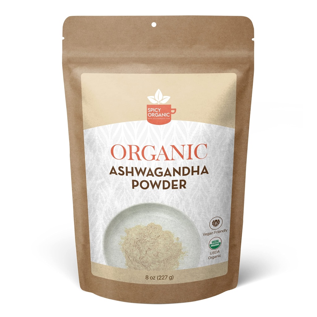 SPICY ORGANIC Organic Ashwagandha Root Powder – 8 oz. - Non-GMO, 100% Raw from India – Indian Ginseng (Withania Somnifera) – Natural Stress Support, Energy & Immune Health