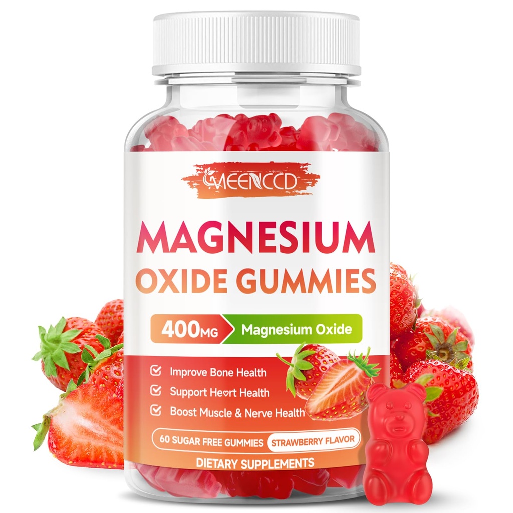 Magnezijev oksid Gumies 400mg, žvečljivi magnezijev oksid dodatek za odrasle in otroke, Živčna in mišična podpora, ne-GMO, brez sladkorja, jagodni okus, 60 Count