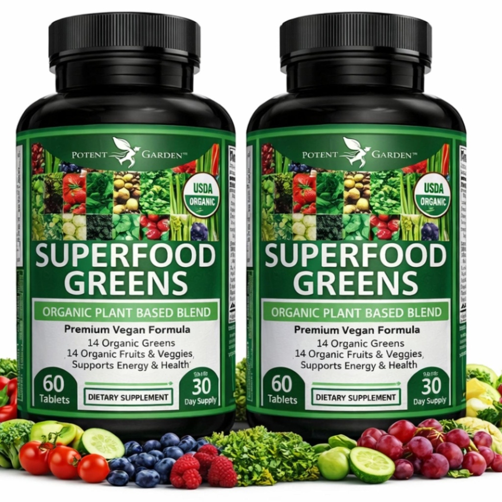 Potentni vrt 2-Pack Organic Superfood Greens, sadje in vegetarijanski dodatek Bogat z vitamini in antioksidanti z Alfalfa, Beet Root & Tart Cherry za povečanje energije, imunitete in Gut zdravje, 120 Ct