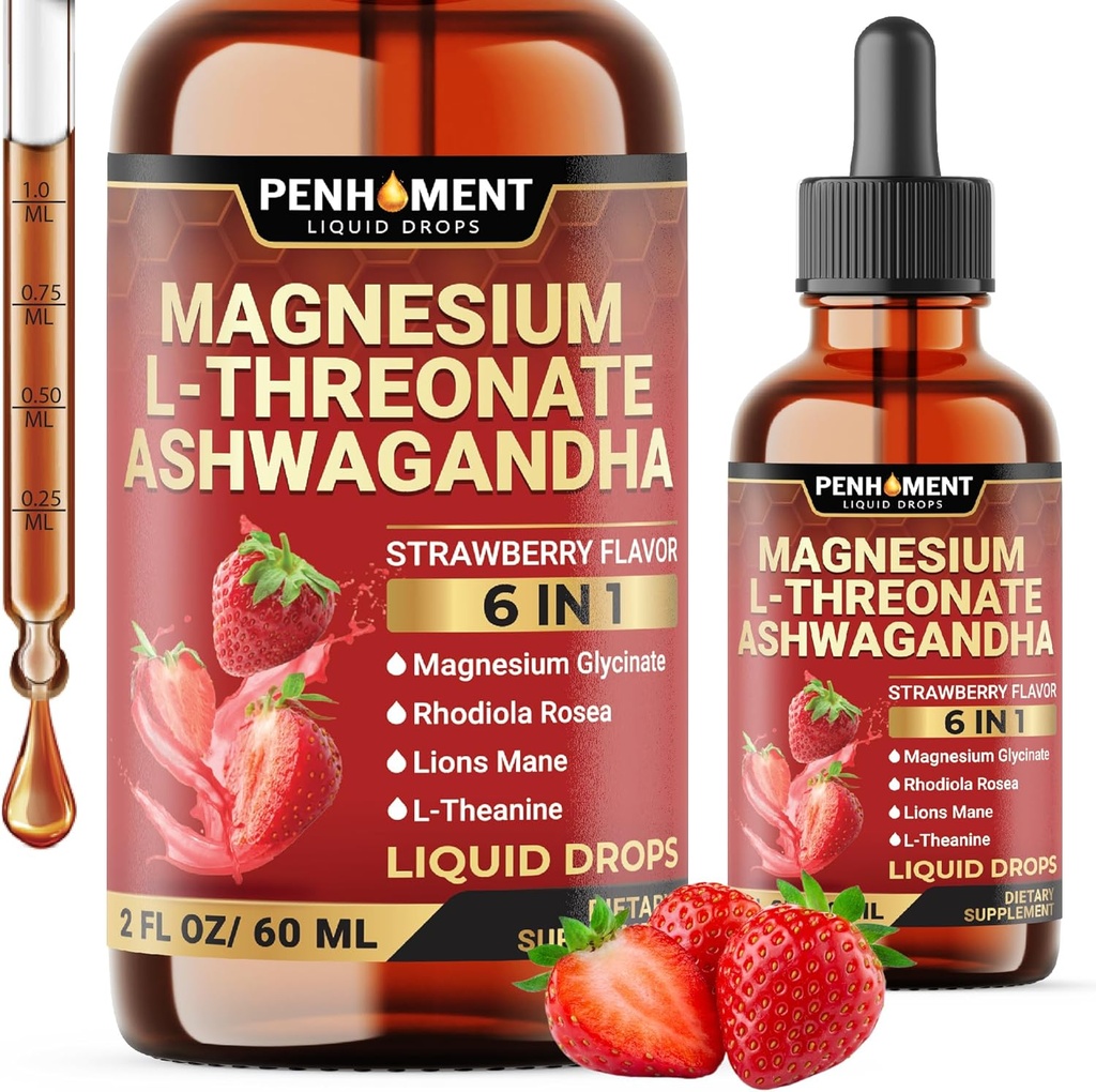 6in1 Magnezijev L-treonat Tekoče kapljice z Ashwagandha, Magnezijev Glicinat in 3 Več - Brain Support and Immune - 2 Fl Oz za 30 dni - Jagodna aroma