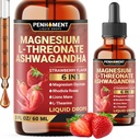 6in1 Magnezijev L-treonat Tekoče kapljice z Ashwagandha, Magnezijev Glicinat in 3 Več - Brain Support and Immune - 2 Fl Oz za 30 dni - Jagodna aroma