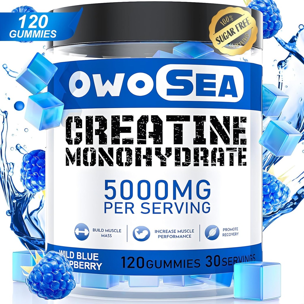 Kreatin Monohidrat Gumiji za moške in ženske 5000mg Kreatin Monohidrat na Serviranje za podporo mišic Energija Boost 120 Štetje Žvečljivi 5g Kreatin Dopolnilo sladkor brez Vegana (1 Pack, Modra malina)
