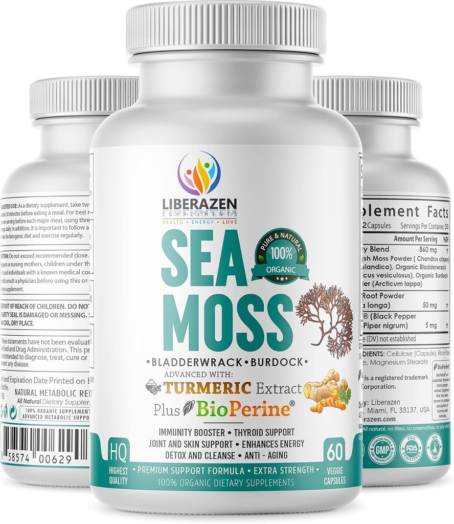 Ekološke tablete irskega morskega mossa - Wildcrafted Dr Sebi Inspired Seamoss Mešanica z kurkuma, Burdock Root & Bladderwrack, okrepljena s črno papriko - 60 kapsul