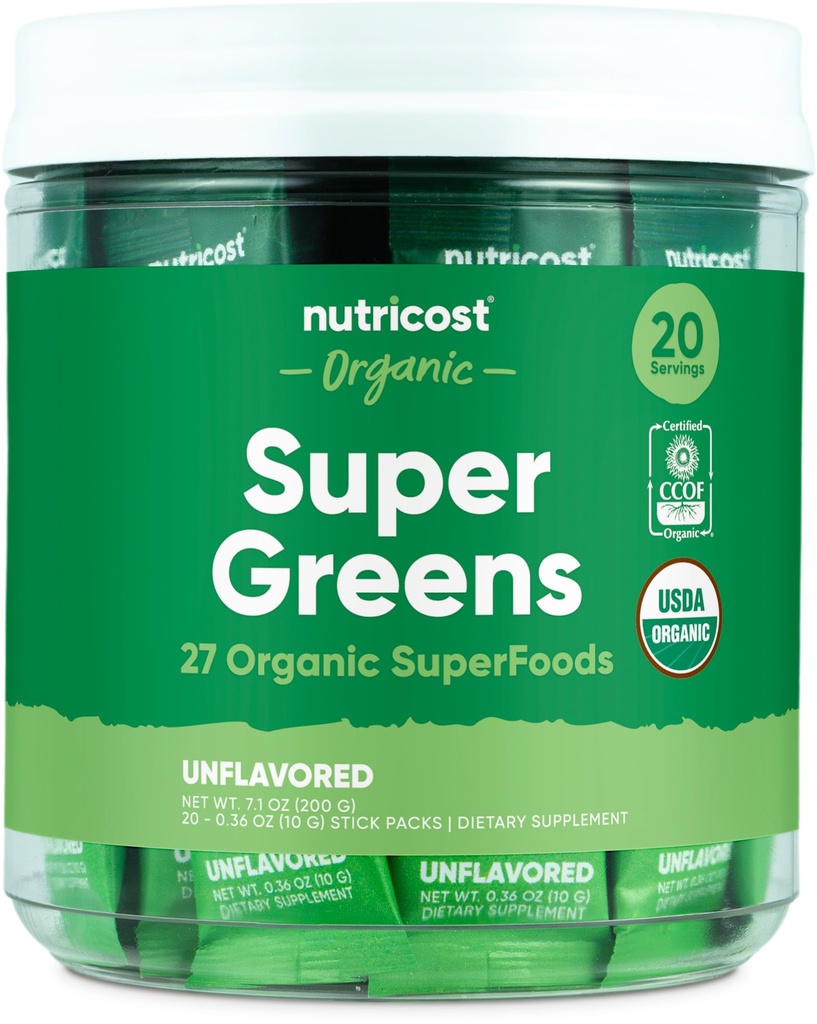 Nutricost Organic Super Greens (nearomatizirana) 20 Lepila - Gluten-free, Non-GMO