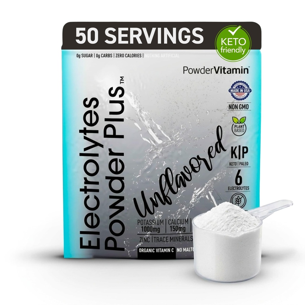 PrašekVitamin Elektroliti v prahu Plus (50 Serving) Nearomaden elektrolit v prahu Keto, brez sladkorja, roza himalajska sol.,1000mg kalij,150mg kalcij,150mg magnezij, NO Stevia
