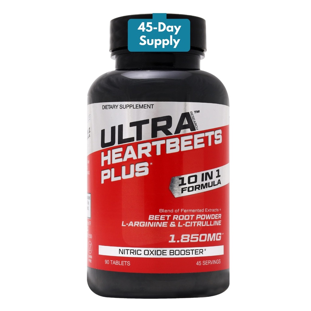 Ultra Research HeartBeets Plus - Beet Root, L-Arginine, L-Citrulline, 10-in-1 Circulation Formula -Nitric Oxide Booster, Cardiovasular and Heart Health Supplement - 90 Tablets, 45 Servings