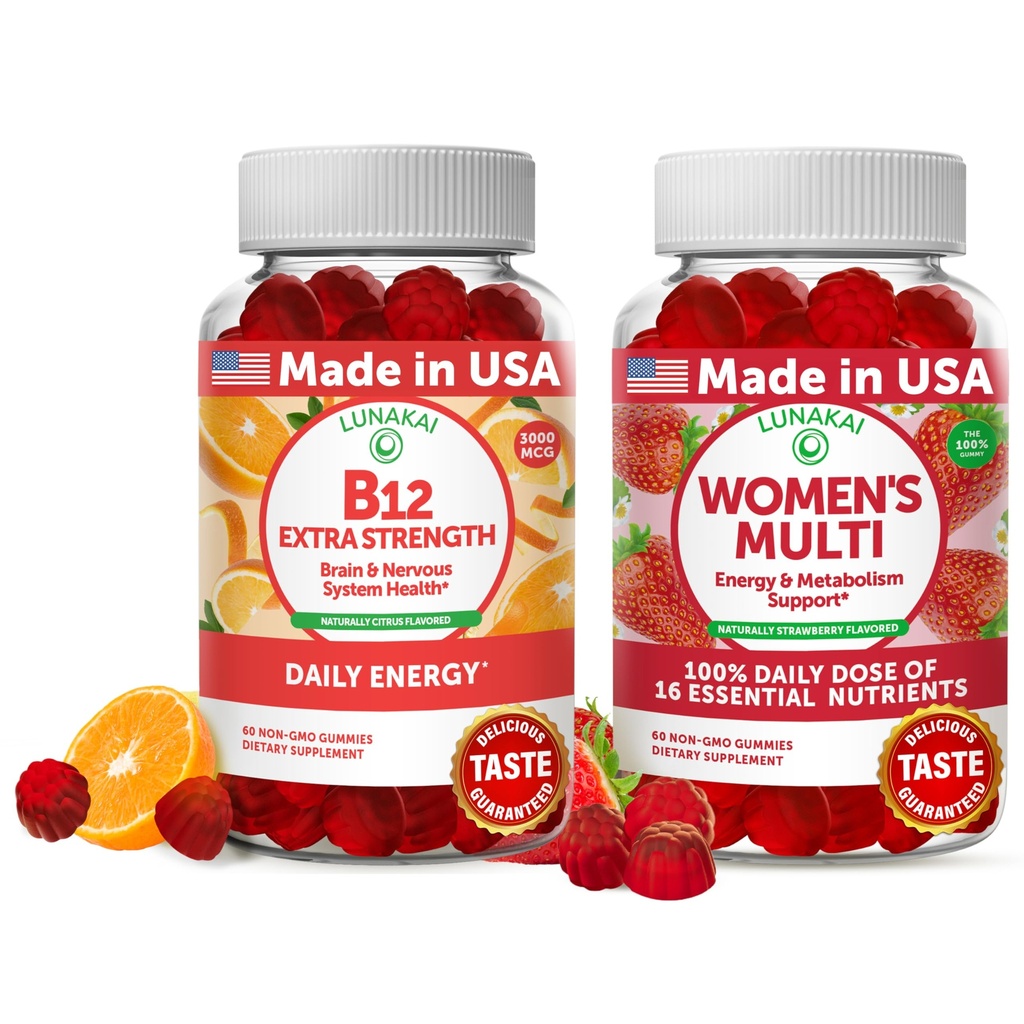 Lunakai Vitamin B12 in ženske multivitaminske gumijaste kroglice - 3000mcg Metilkobalamin Visoka absorpcijska energija Gummy - 100% dnevna vrednost 16 Esencialni vitamini in minerali dodatek - 30 dni