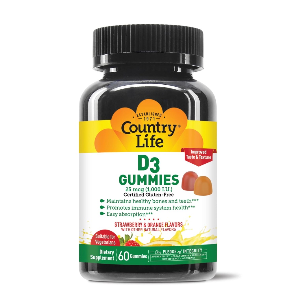 Country Life Vitamin D3 Gummies – 1.000 i.e. holekalciferol, 60 števcev – podpira zdravje kosti in imunskega sistema – vegetarijansko, brez glutena, jagodne in oranžne arome – pektin na bazi, brez umetnih sladil