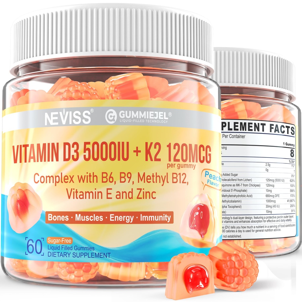 Vitamin D3 5000IU + K2 (MK-7) 120mcg, brez sladkorja Vitamin D3 K2 Polnjene žvečilke z vitaminom B kompleks - metil B12, B9, B6 