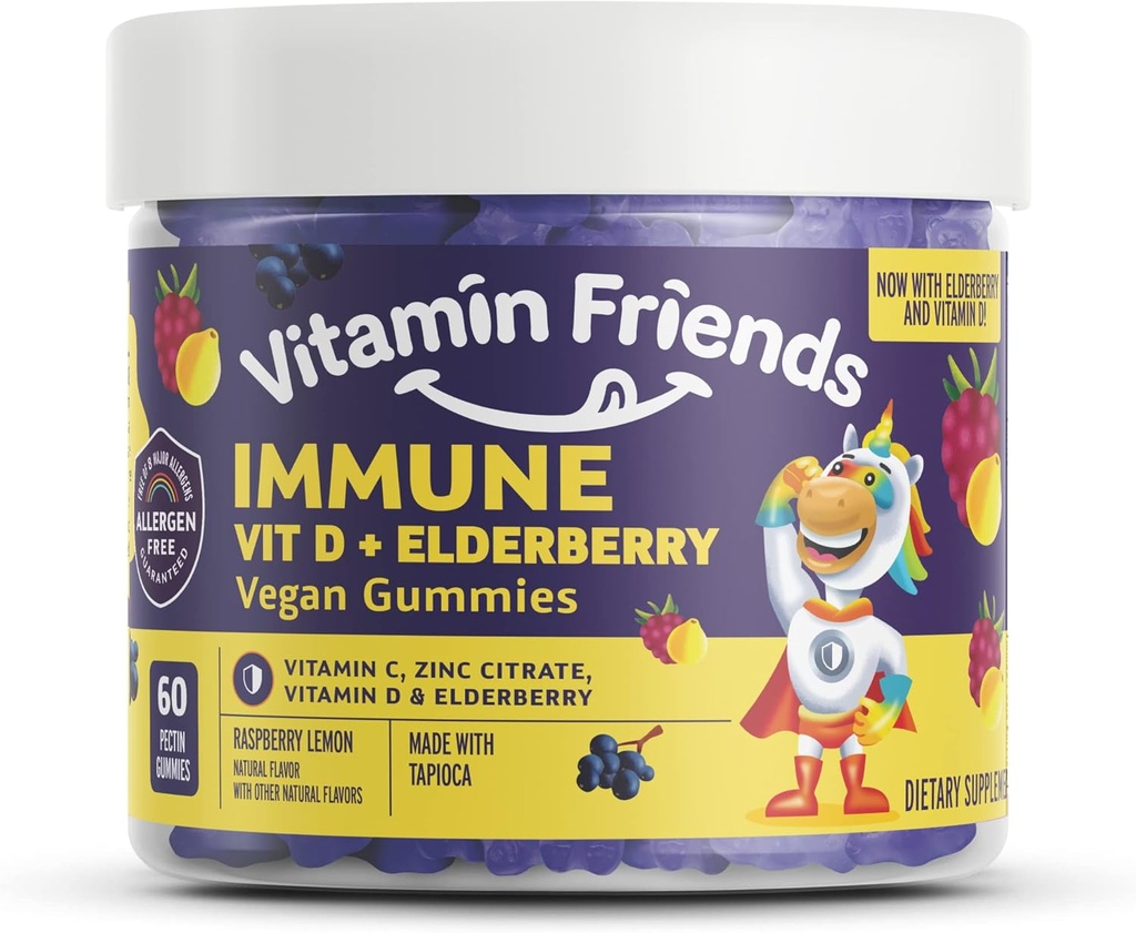 Vitamin Friends - Elderberry, Vitamin C Gumies - Veganski imunski sistem Booster Blended dodatki - Health Support w/ Cinkov citrat & Vitamin D - Napredna imunske podpore - 30 Day Supply – 1 Pack