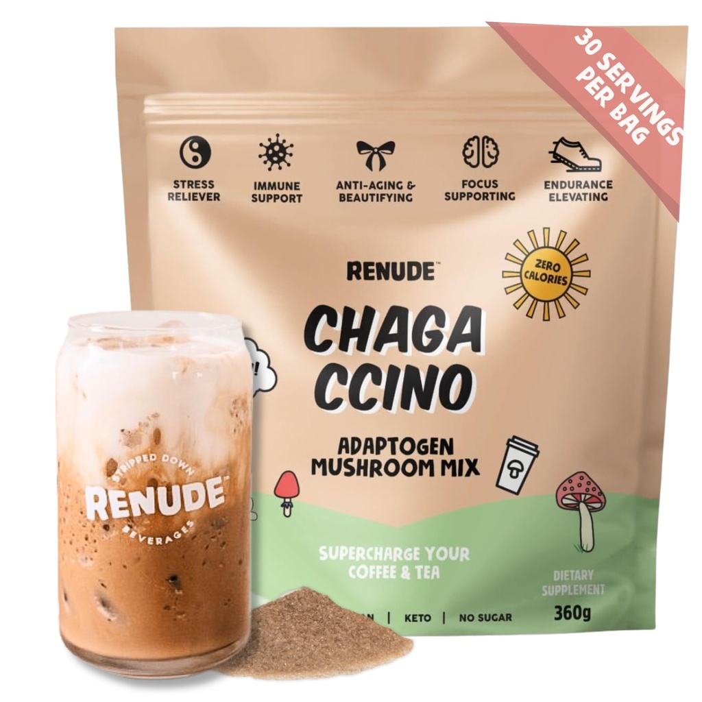Renude Chagaccino - Chaga goba v prahu, goba Coffee Drink Mešamo z adaptogeni, naravna energija in imunske podpore, Vegan, Keto, Zero Calorie goba v prahu - 30 Serving