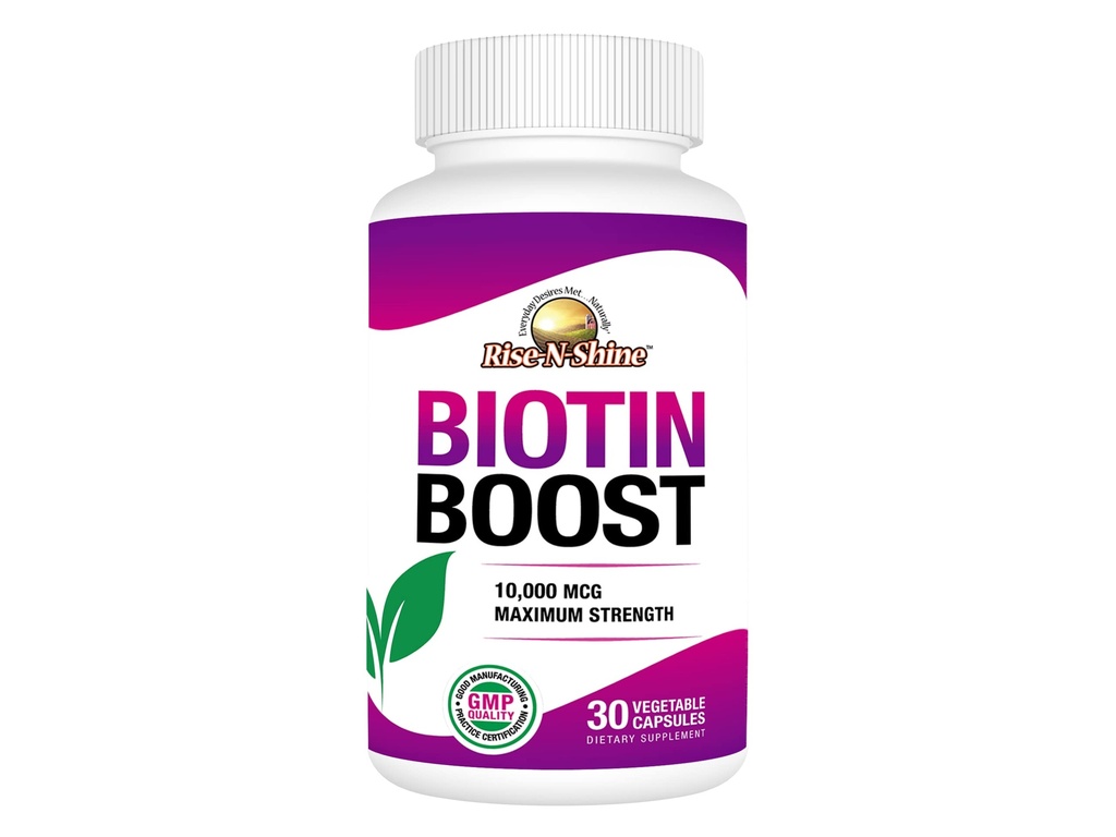 Rise-N-Shine Biotin Boost 10.000 mcg Biotin 10000 mcg za podporo las, kože, nohtov in las 30 število