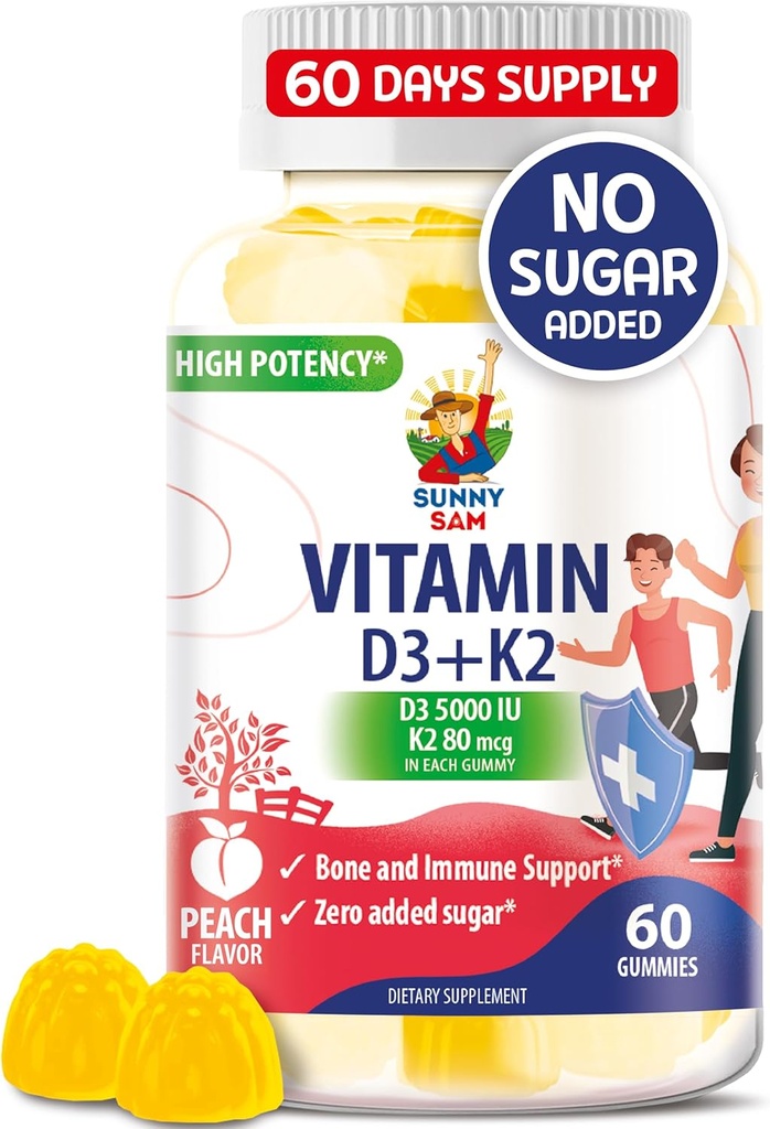 Brez sladkorja Vitamin D3 K2 Gummies 5000 i.e. - Imunska in kostna podpora Gummies - Vitamin D Gummi Dopolnilo za odrasle - Visoka absorpcija, Vegan, Halal, Gluten-free žvečljivi vitamini