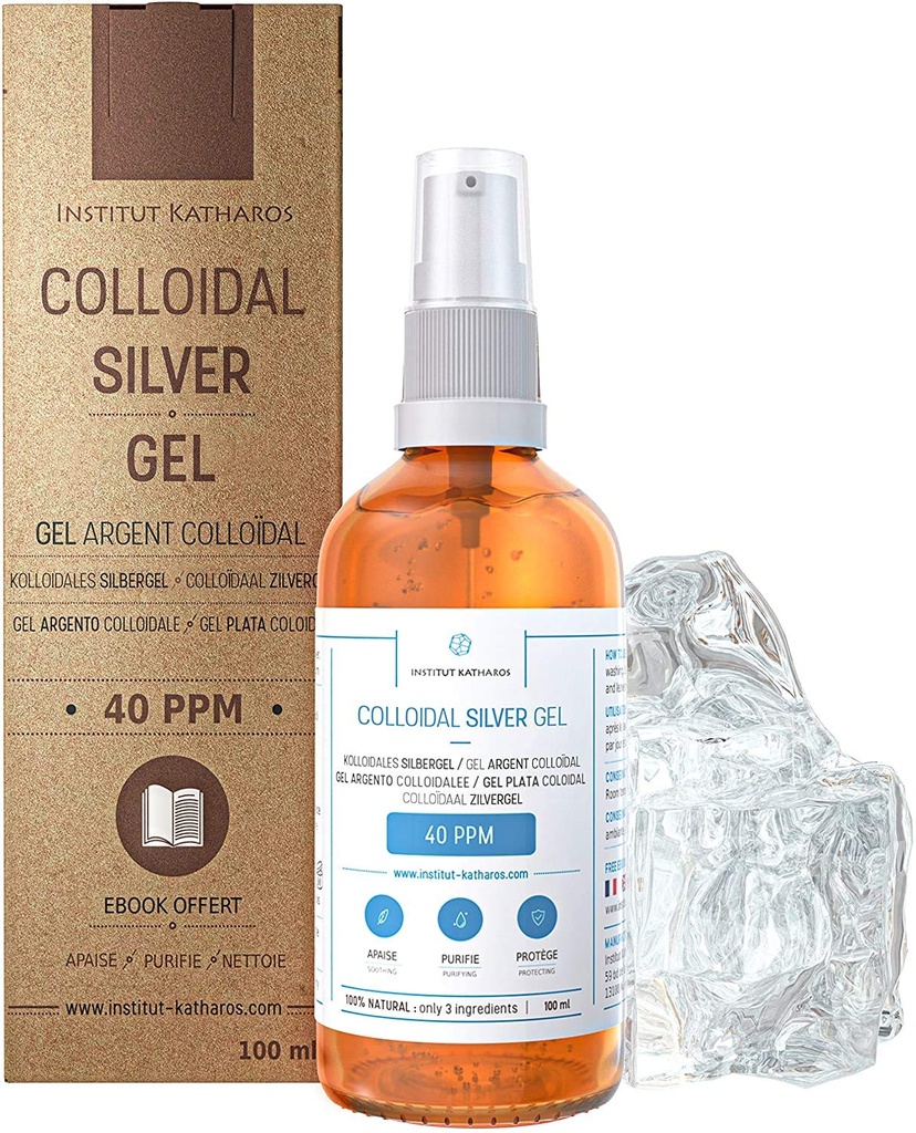 Čisti koloidni Silver Gel 40 PPM • 100% naravna in samo 3 sestavine • Optimalna tekstura in absorpcija (boljše kot kreme) • Amber steklo in ultrapraktična črpalka • Ebook vključena • Institut Kathros