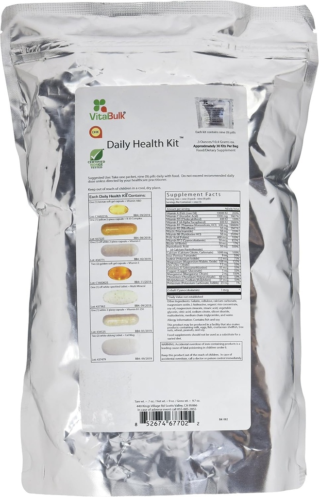Vital Bulk Daily Health Packet Multivitamini & Mineral 30 Count Box - Multivitamin za moške in ženske - vsebuje vitamin C 1000mg A D E K B kompleks B12 železov kalcij Magnezij & kalij dodatek