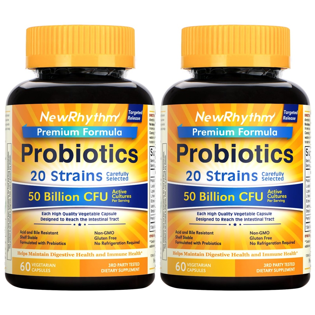 NewRhythm Probiotics 50 milijard CFU 20 sevi, 120 Veggie kapsule, Ciljna tehnologija sproščanja, želodčna kislina odporna, Ni potrebe po hlajenju, Ne-GMO, Gluten prost