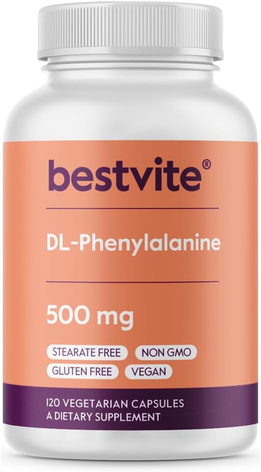 BESTVITE DL-fenilalanin 500 mg (120 vegetarijanskih kapsul) - brez stearat - brez filerjev - vegan - brez glutena - brez GSO