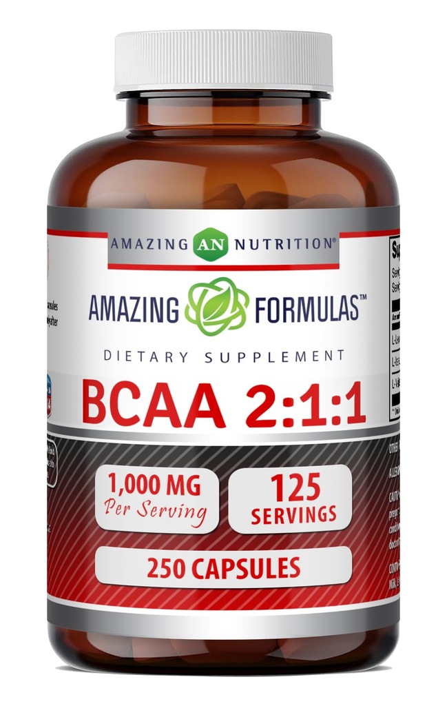 Amazing Formulas BCAA 2:1:1 1000 Mg Per Serving | Capsules | Branched Chain Amino Acids Supplement | Non-GMO | Gluten-Free | Made in USA (250 Count, Pack of 1)