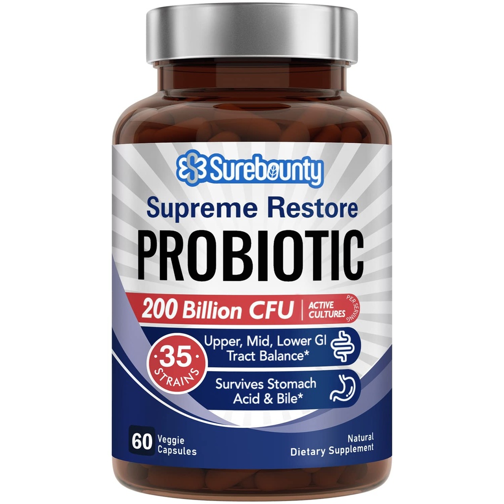 Probiotik za moške in ženske, 200 milijard CFU 35 sevi, prebiotiki + pregestivne encime, vrhovna restavriranje probiotični dodatek, zgornji, srednji, spodnji GI Tract Balance, 60 Veggie kapsule, 1 mesec
