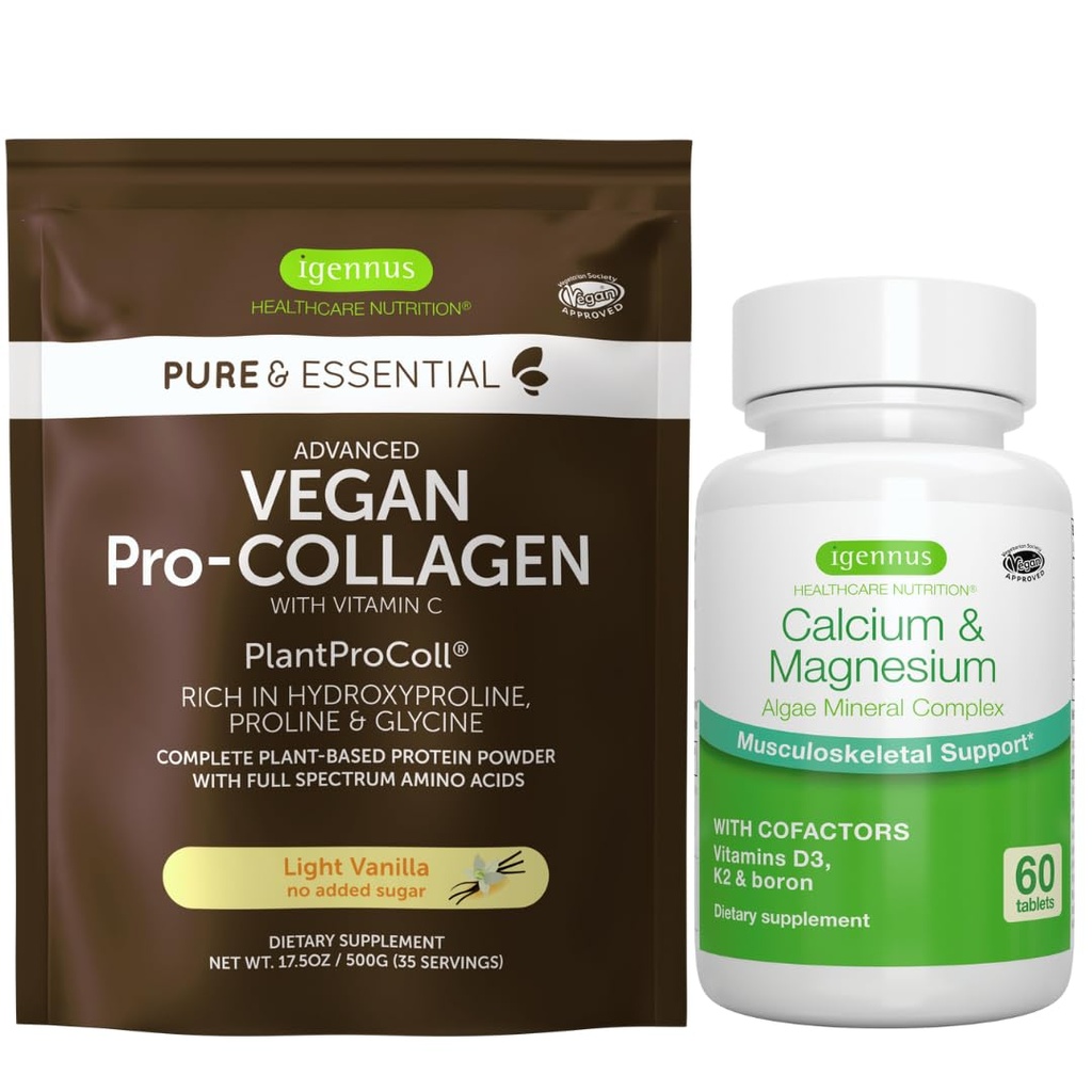 Vegan Vanilla Collagen Protein Powder + Kalcij & Magnezij kompleks paket, Celovita podpora kosti, Igennus